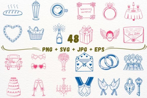 Charming Wedding Line Art: 48 Hand-Drawn Icons for Your Designs