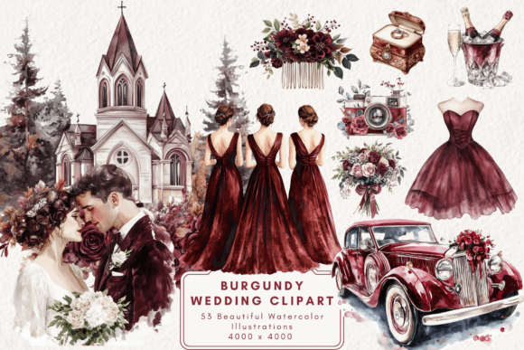 Elegant Burgundy Wedding Clipart for Timeless Design Projects