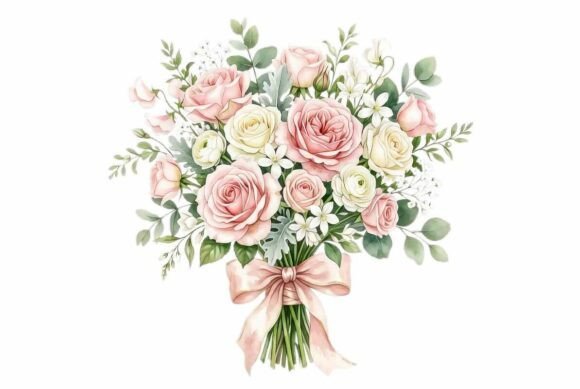 Elegant Watercolor Bridal Bouquet Clipart for Wedding Design