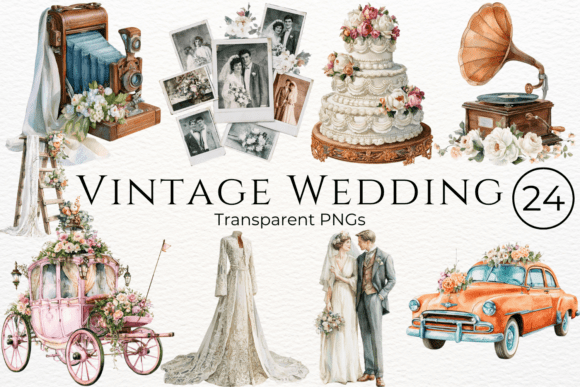 Enchanting Vintage Wedding Clipart: A Watercolor Bundle