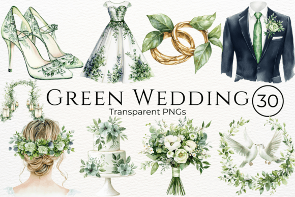Green Wedding Watercolor Cliparts for Elegant Design