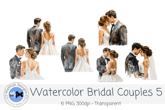 Soft, Romantic Illustrations: The Watercolor PNG Wedding Bridal Couples Set