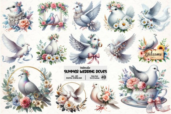 Summer Wedding Doves Clipart: 49 PNGs for Every Project