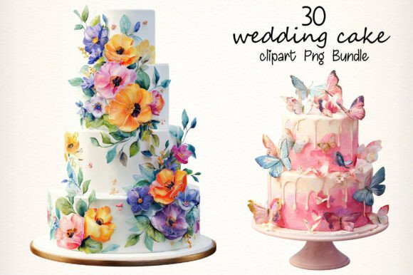Watercolor Wedding Cake Clipart Bundle: 30 PNG Files for Your Projects