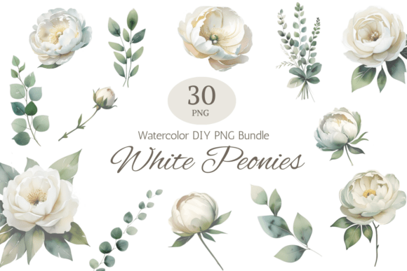 White Peony Watercolor Clipart: Soft Florals for Elegant Designs